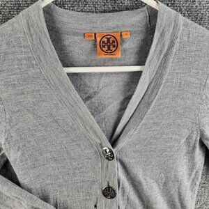 Tory Burch Cardigan Sweater Gray Lightweight Small Long Sleeve Knit Merino Wool